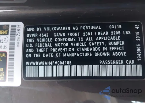 2015 Volkswagen Eos Komfort Edition z USA, uszkodzony, nr VIN WVWBW8AH4FV004185